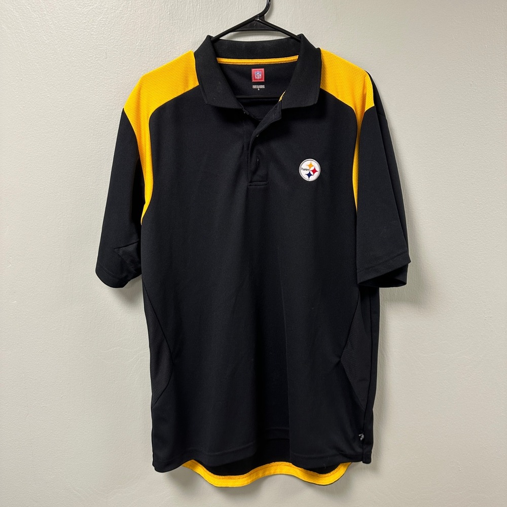 NFL Pittsburgh Steelers Polo Shirt Mens Large Black Gold Performance